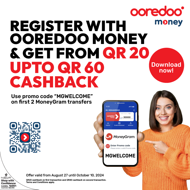 Register with ooredoo money & get from QR 20 up to QR 60 cashback