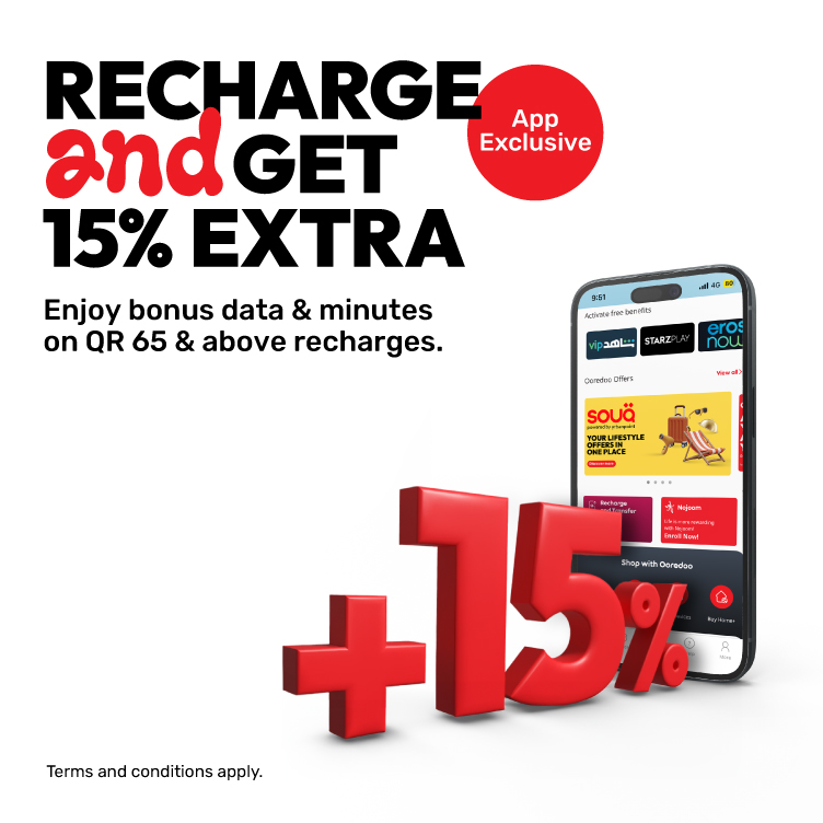 RECHARGE and GET EXTRA Enjoy bonus data & minutes on QR 65 & above recharges.